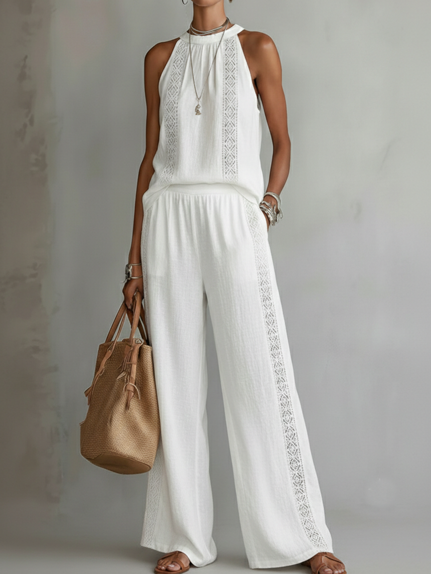 Ensemble rétro et confortable en lin – Haut en dentelle & pantalon large