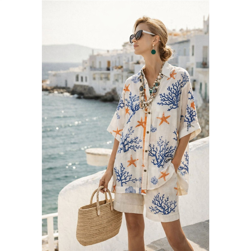 Ensemble chemise et short pour femme en coton et lin