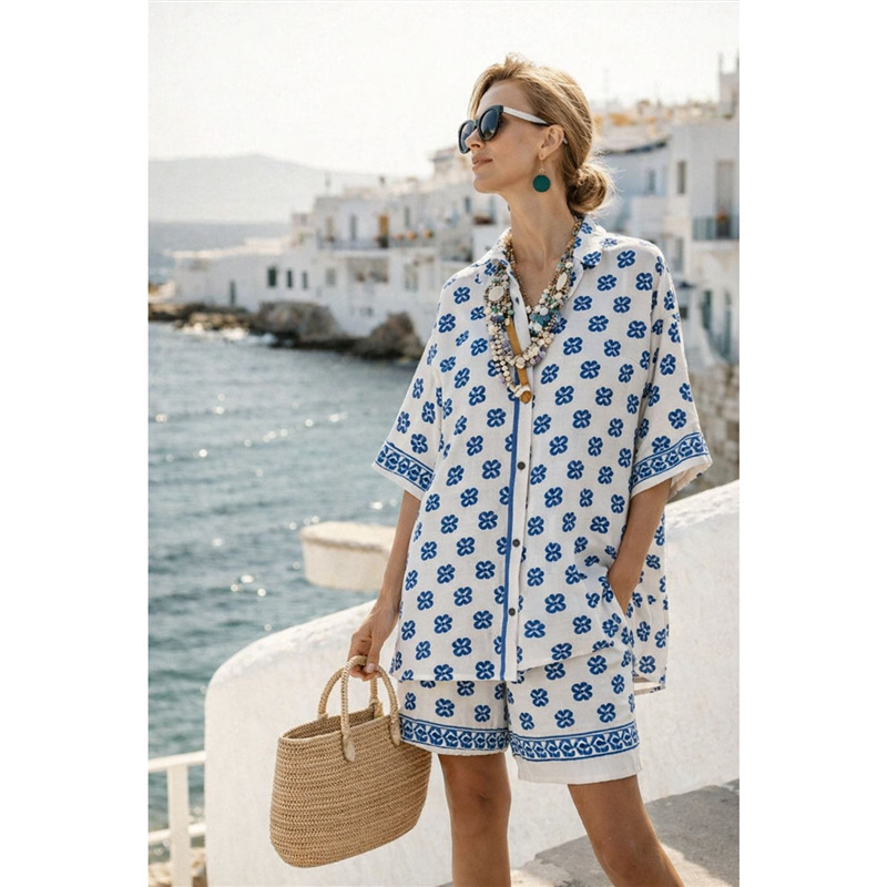 Ensemble chemise et short pour femme en coton et lin