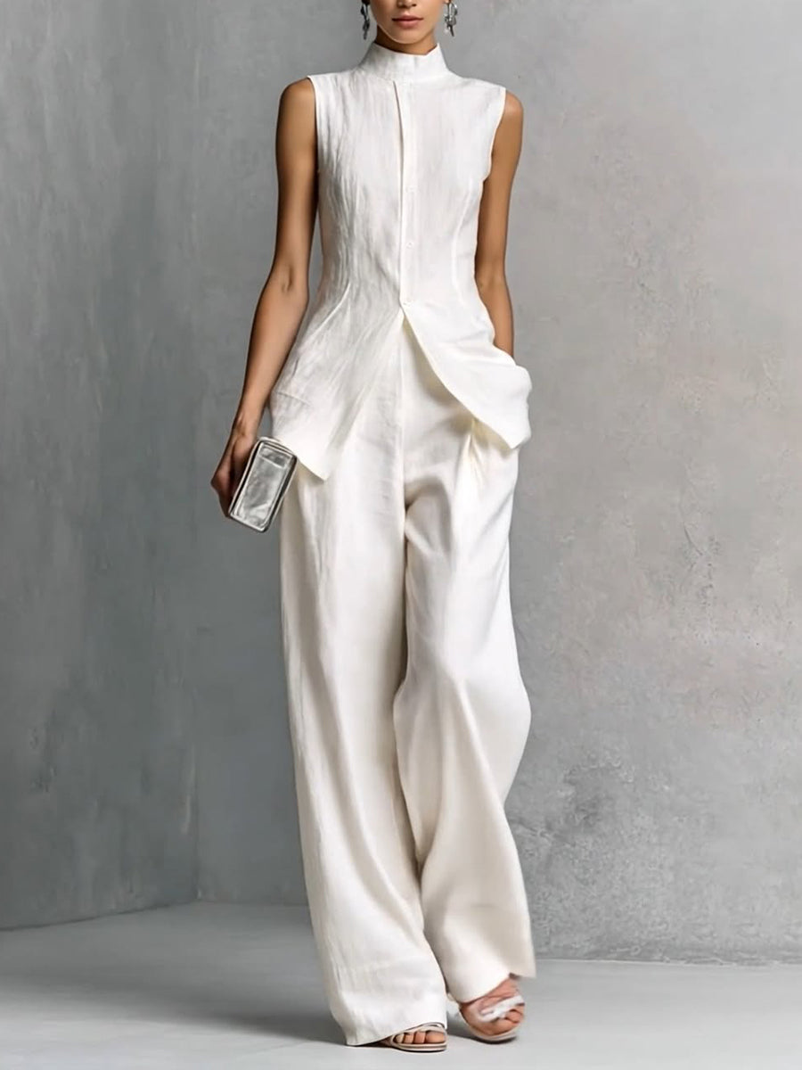 Ensemble 2 pièces élégant en lin et coton – Coupe ajustée, sans manches