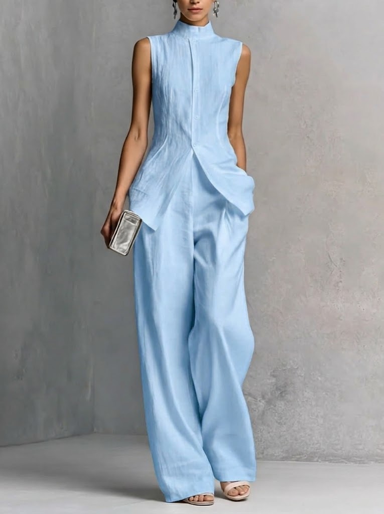 Ensemble 2 pièces élégant en lin et coton – Coupe ajustée, sans manches