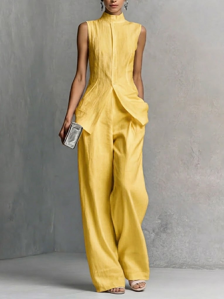 Ensemble 2 pièces élégant en lin et coton – Coupe ajustée, sans manches