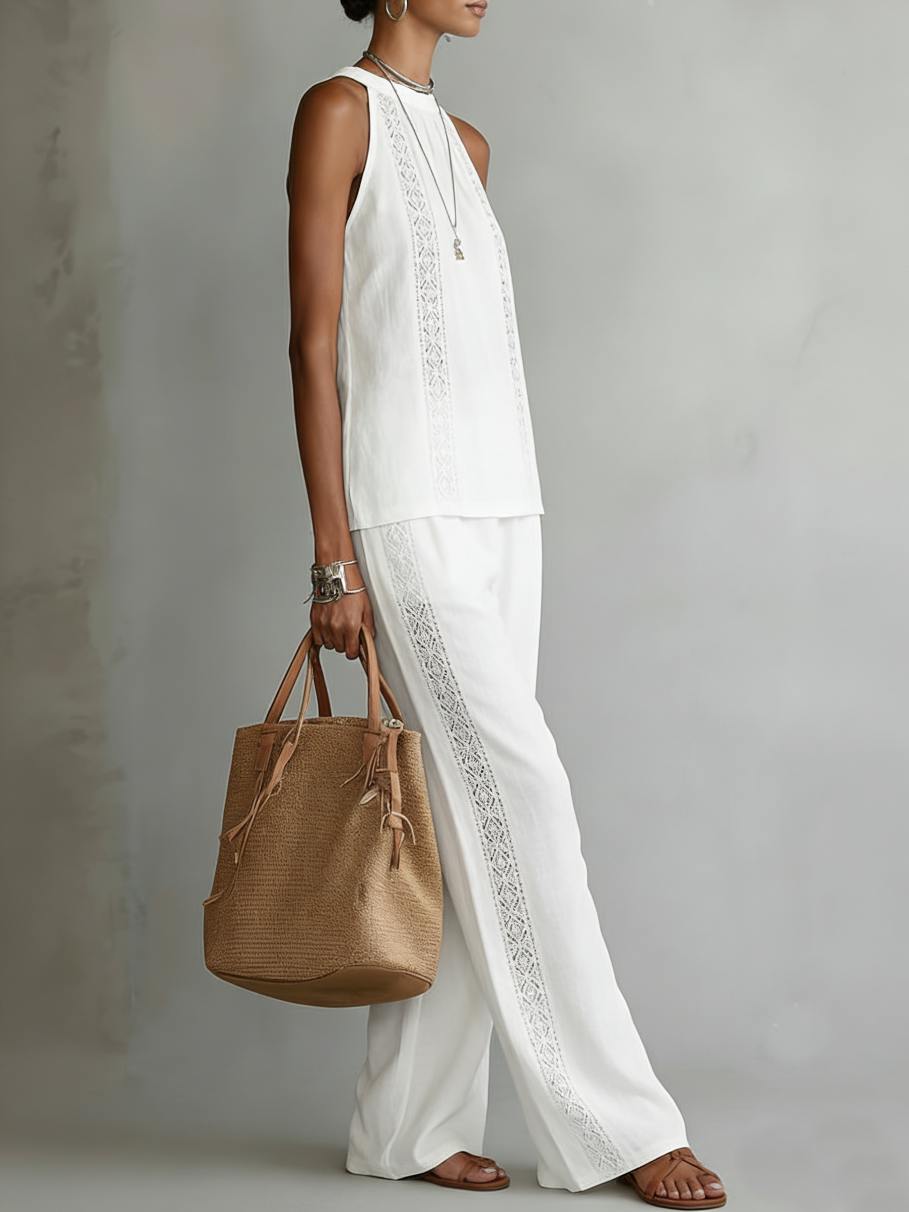 Ensemble rétro et confortable en lin – Haut en dentelle & pantalon large