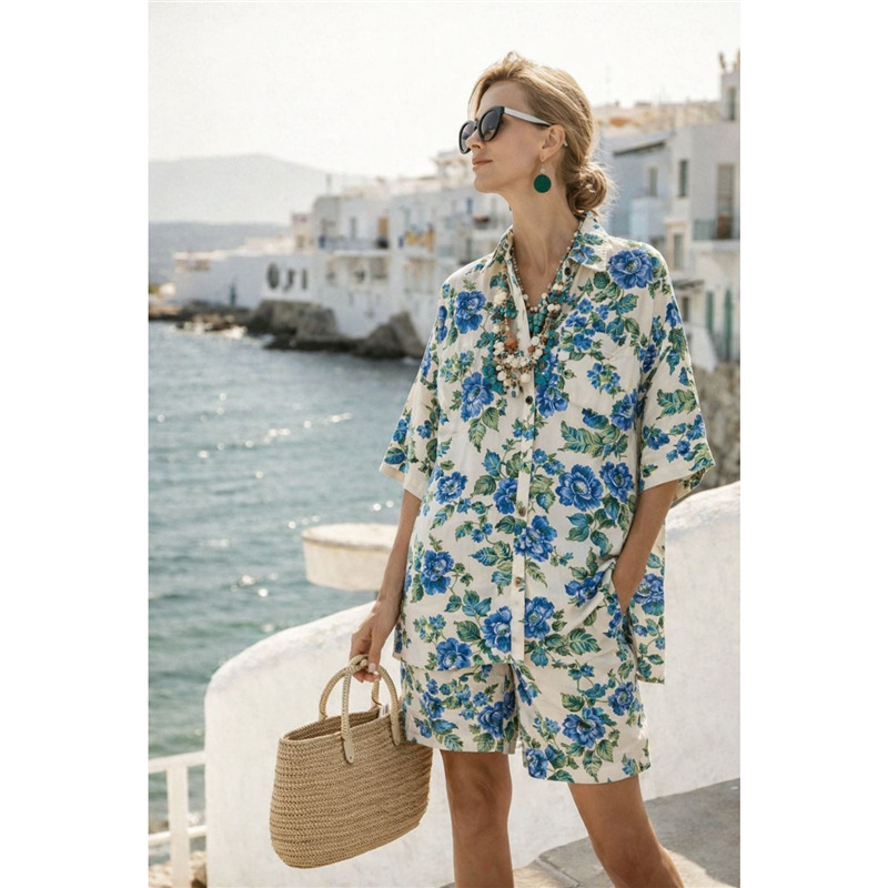 Ensemble chemise et short pour femme en coton et lin
