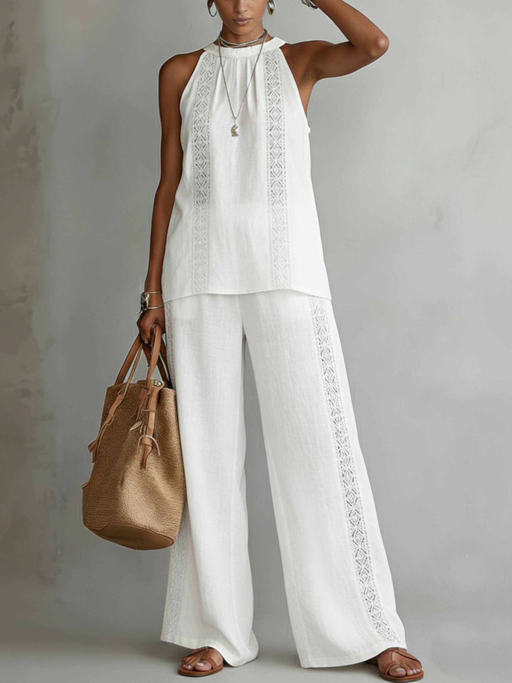 Ensemble rétro et confortable en lin – Haut en dentelle & pantalon large