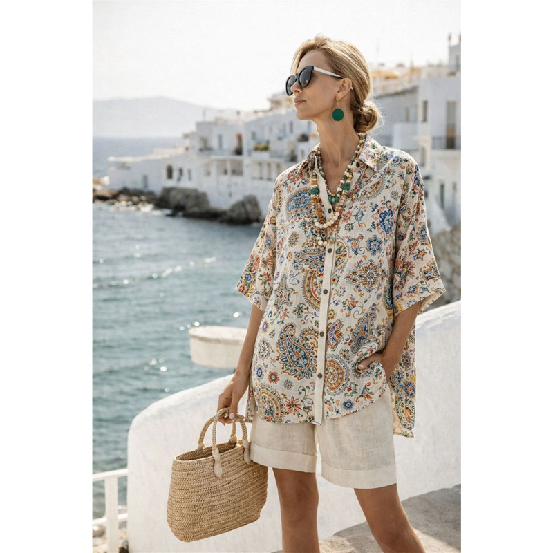 Ensemble chemise et short pour femme en coton et lin