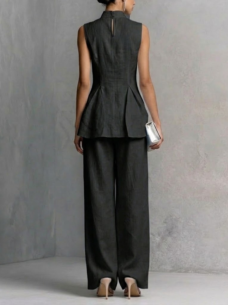 Ensemble 2 pièces élégant en lin et coton – Coupe ajustée, sans manches