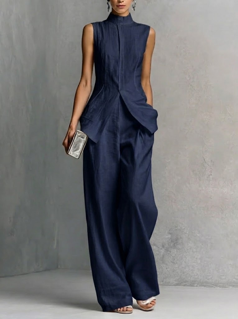 Ensemble 2 pièces élégant en lin et coton – Coupe ajustée, sans manches