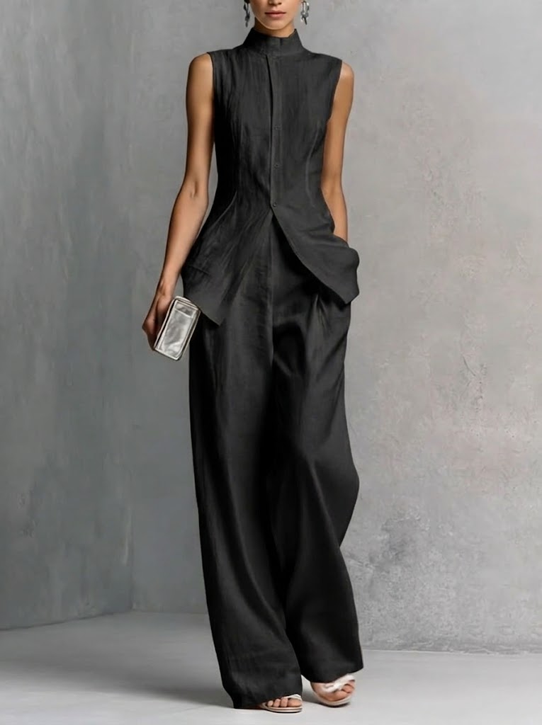 Ensemble 2 pièces élégant en lin et coton – Coupe ajustée, sans manches