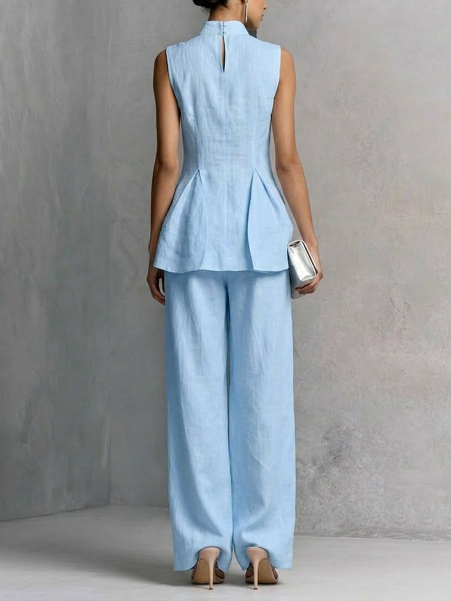 Ensemble 2 pièces élégant en lin et coton – Coupe ajustée, sans manches