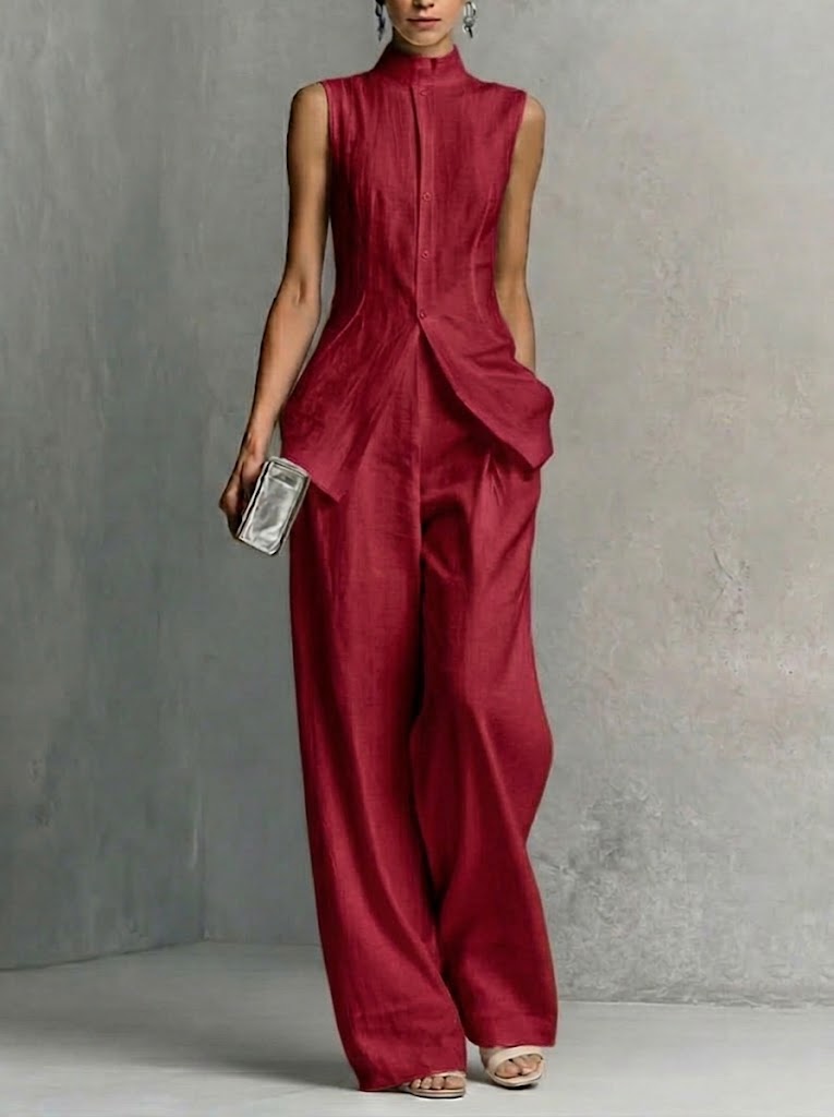 Ensemble 2 pièces élégant en lin et coton – Coupe ajustée, sans manches