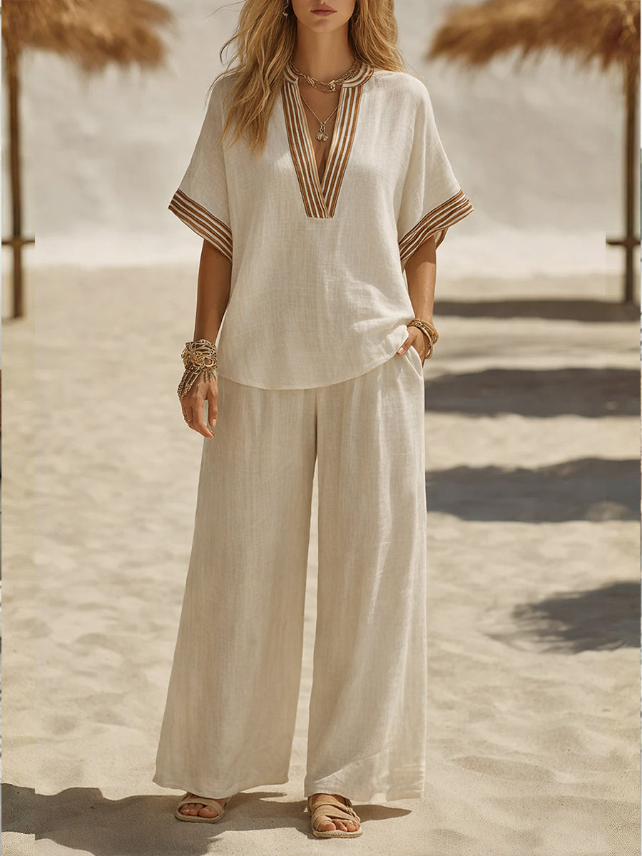 Casual Linen And Cotton Two-piece Set