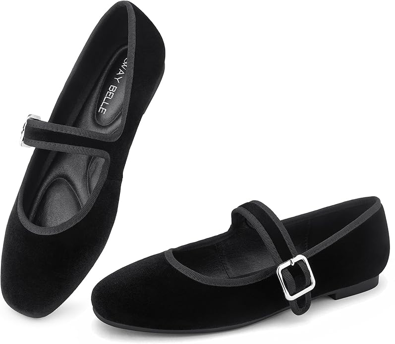 SWAY BELLE Womens Velvet Mary Jane Ballet Flats Adjustable Buckle Comfortable Square Toe Dress Shoes for Women