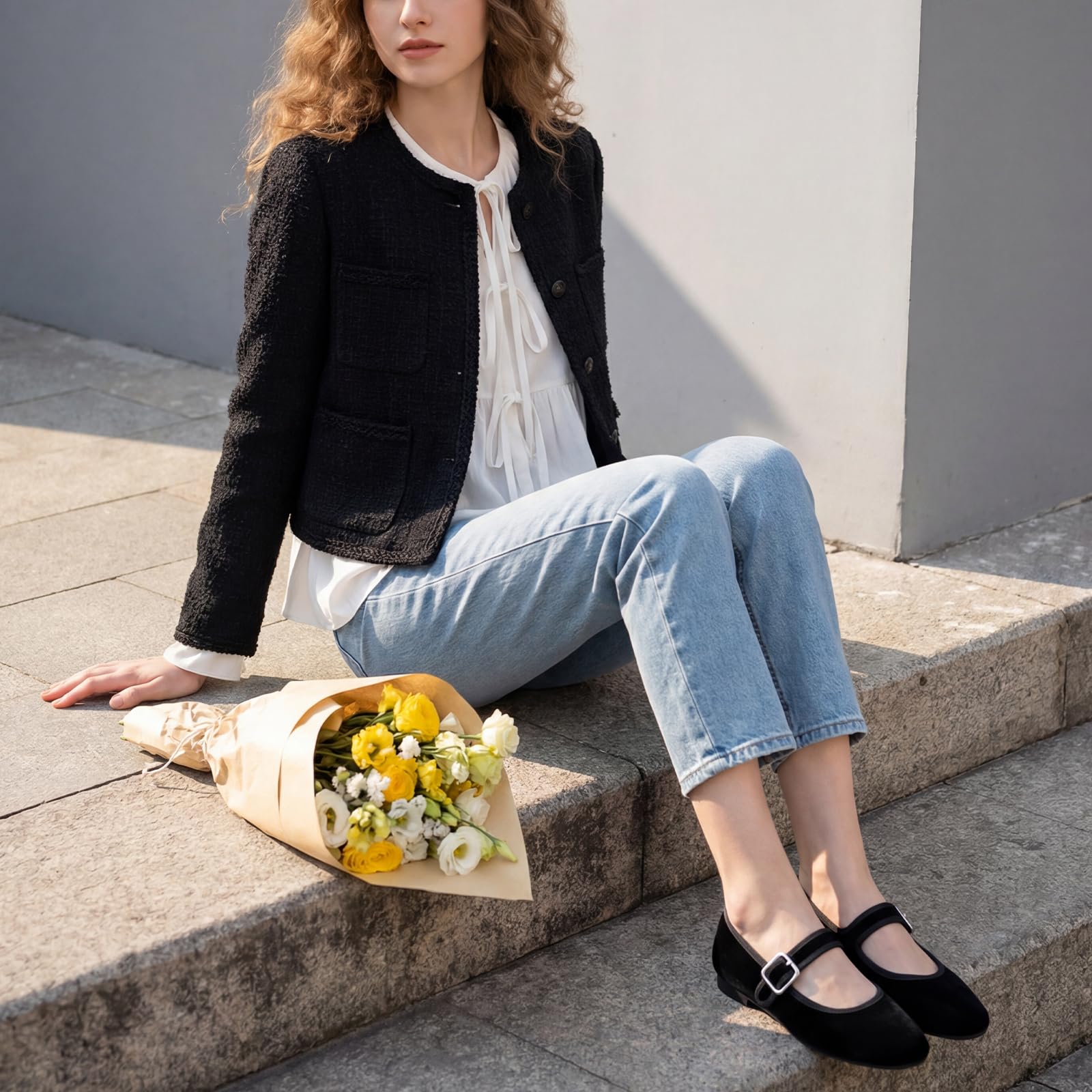 Womens Velvet Mary Jane Ballet Flats