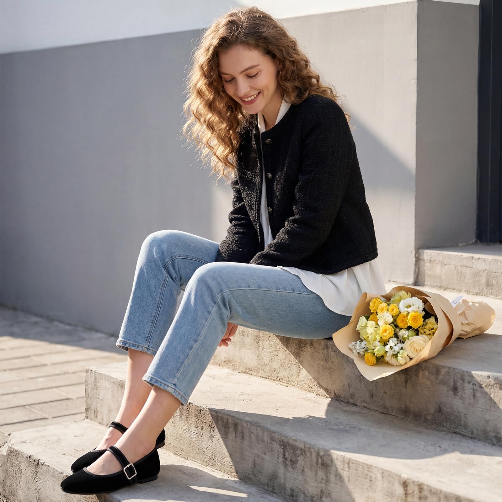 Womens Velvet Mary Jane Ballet Flats