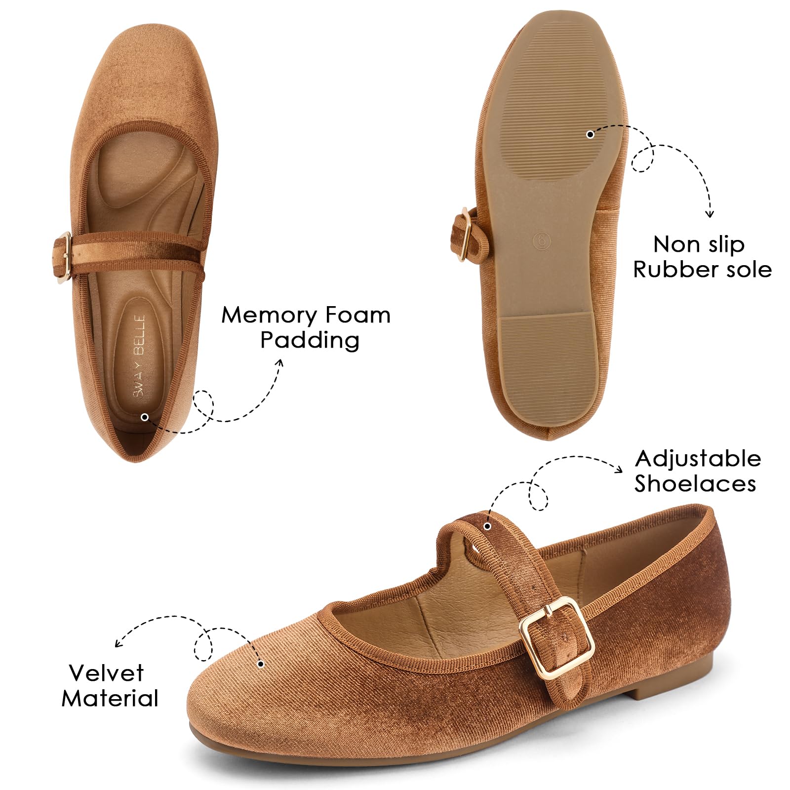 Womens Velvet Mary Jane Ballet Flats