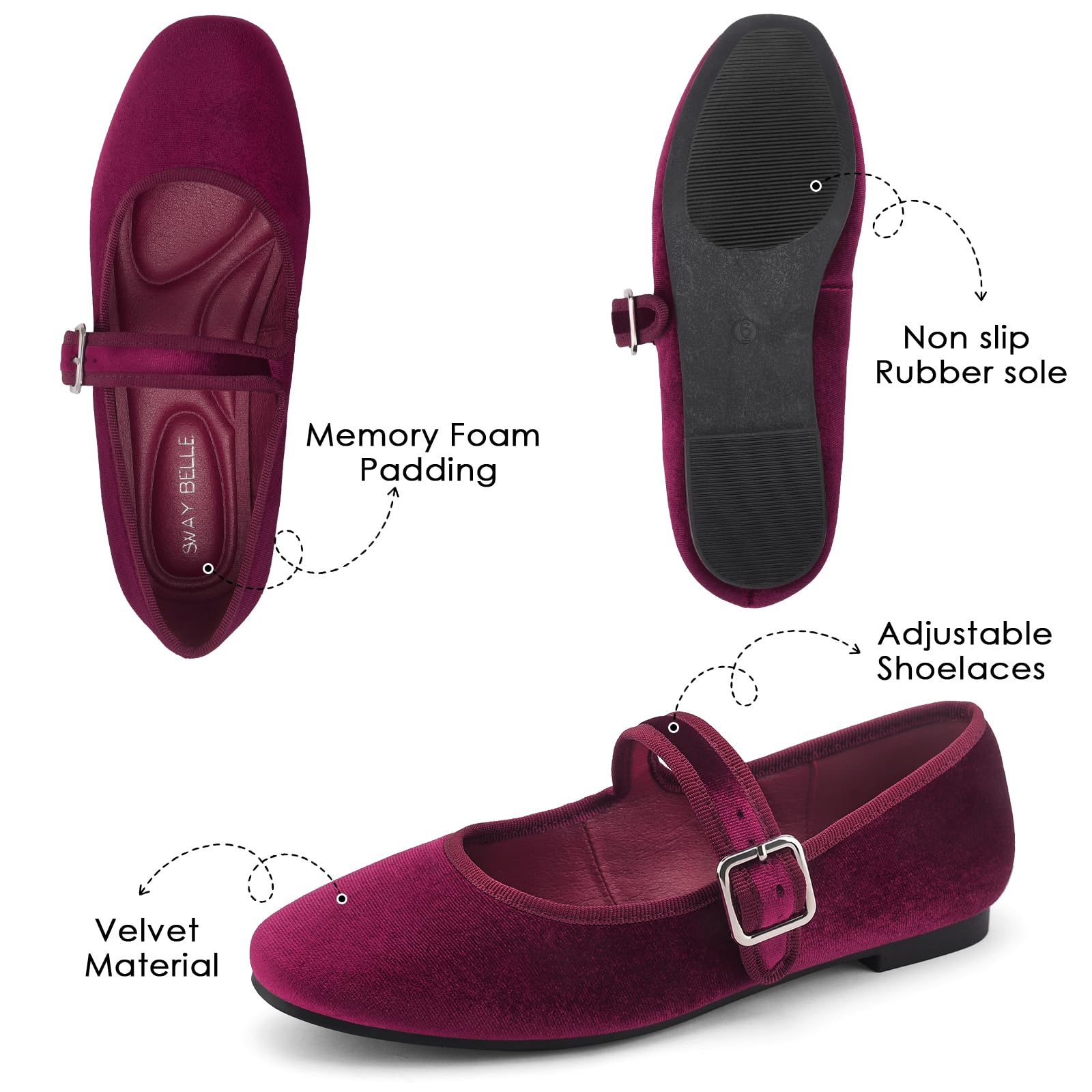 Womens Velvet Mary Jane Ballet Flats