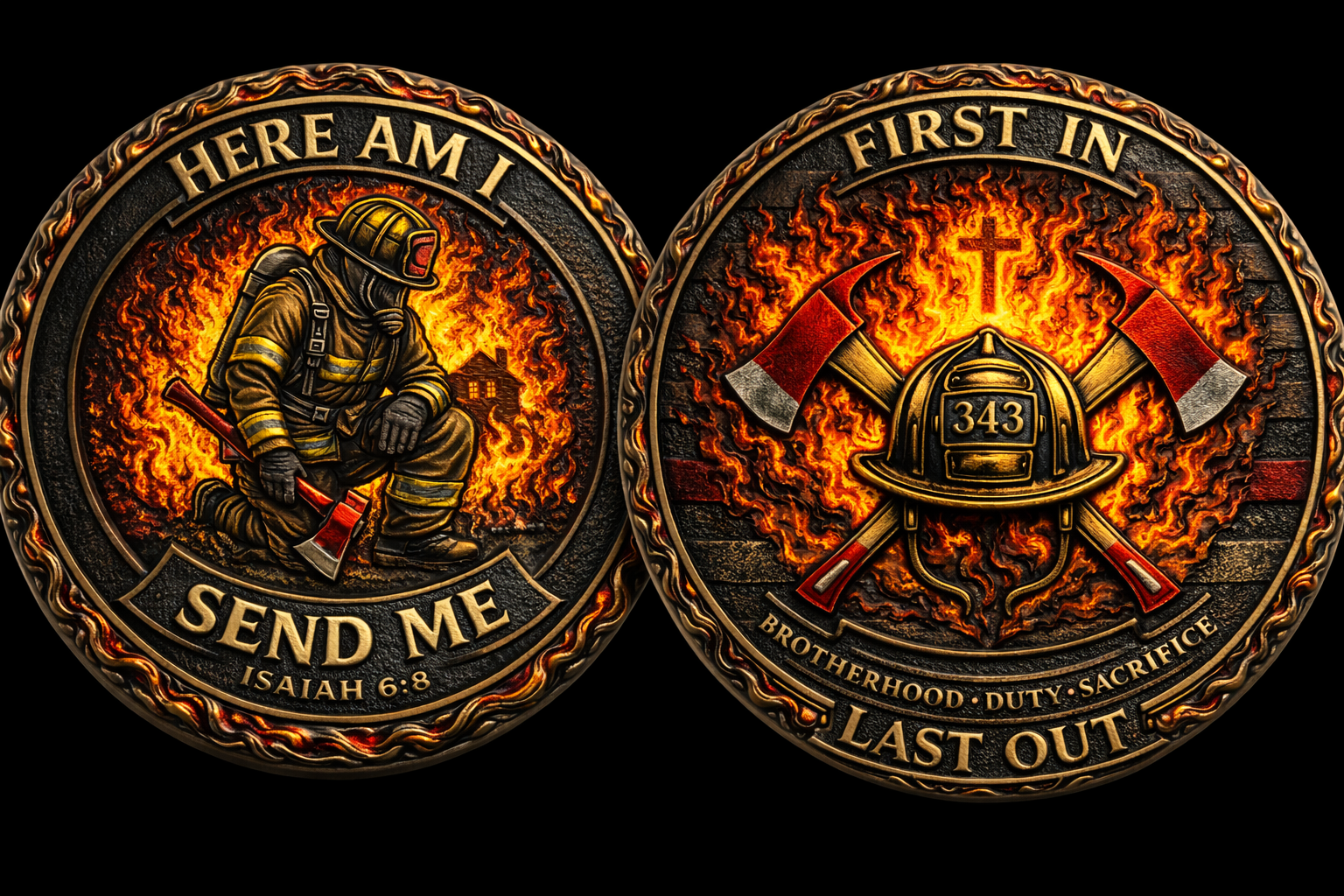 🔥HERE AM I – FIRST IN, LAST OUT Firefighter Challenge Coin