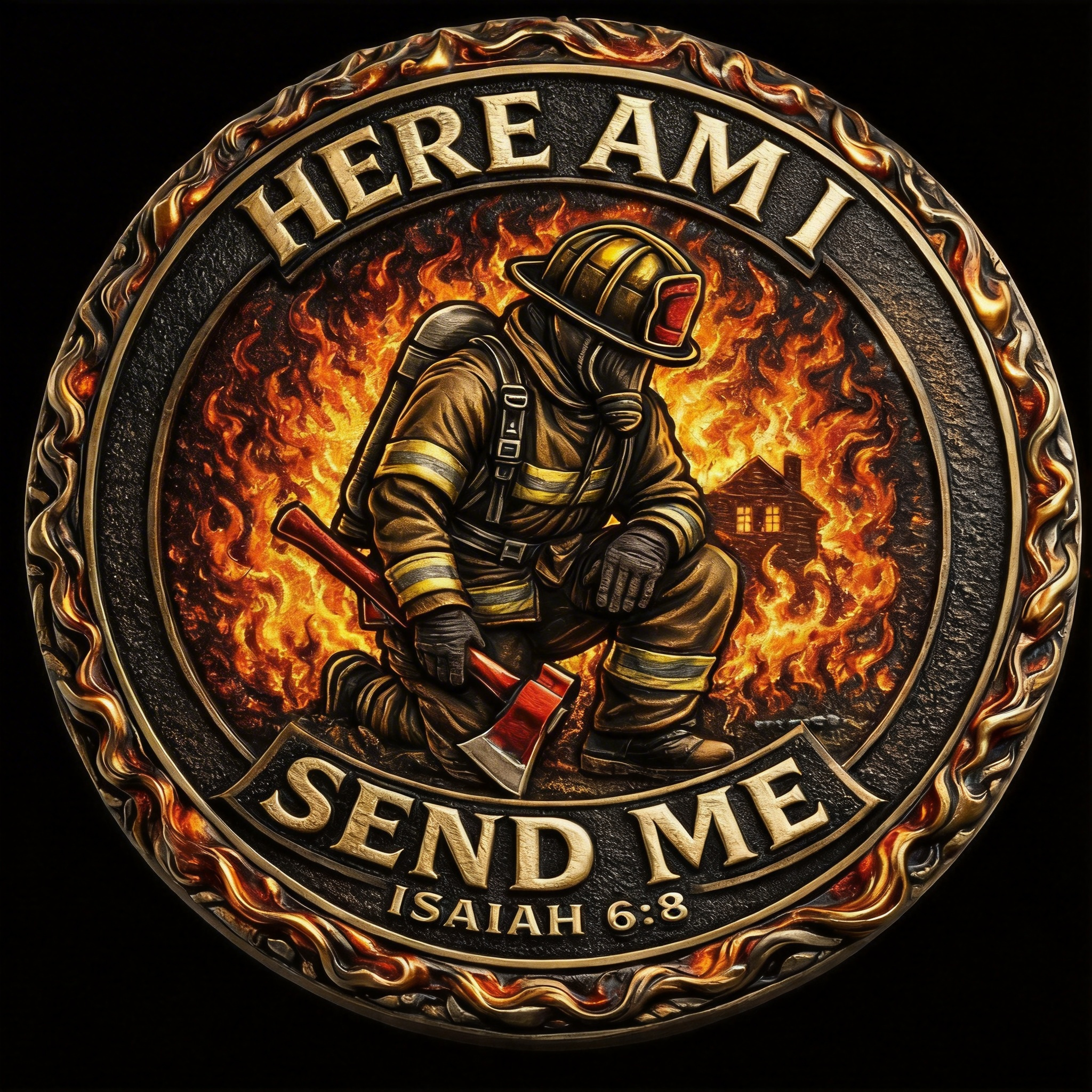 🔥HERE AM I – FIRST IN, LAST OUT Firefighter Challenge Coin