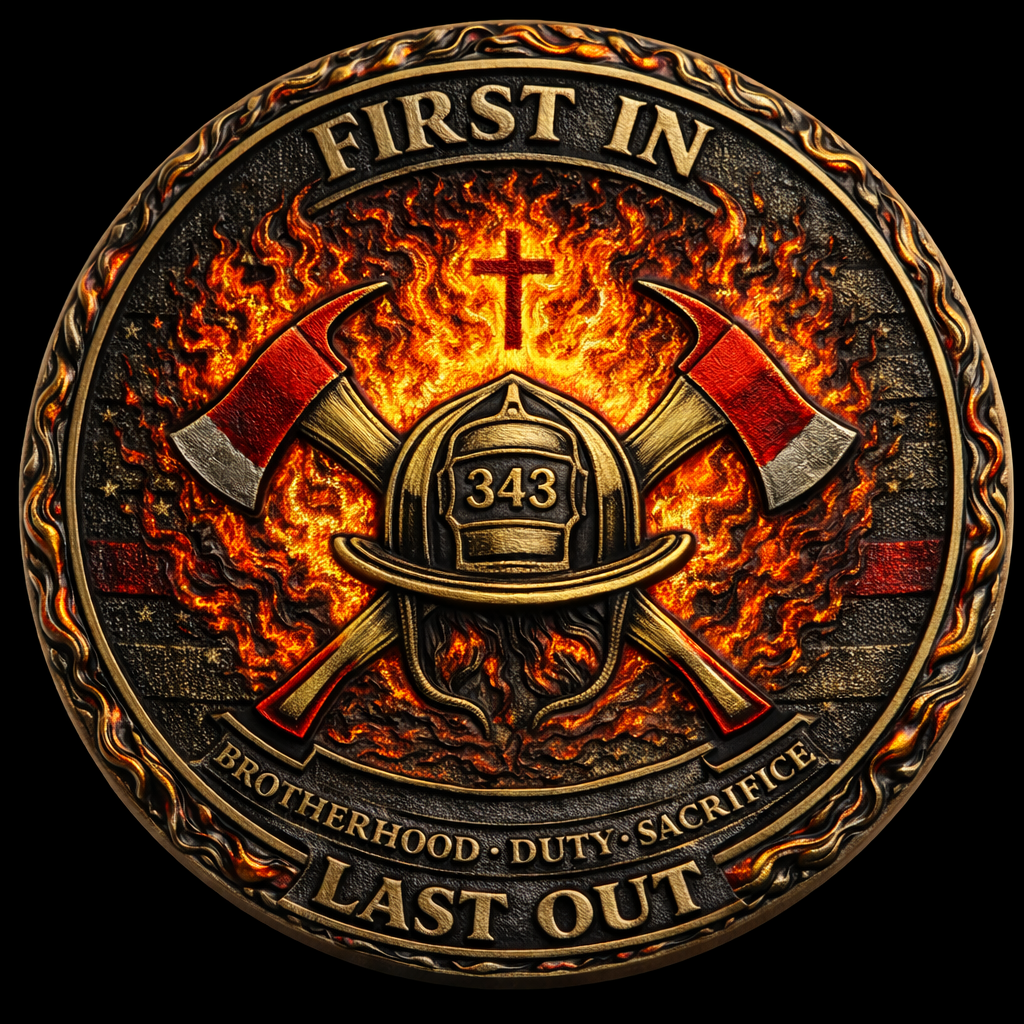 🔥HERE AM I – FIRST IN, LAST OUT Firefighter Challenge Coin