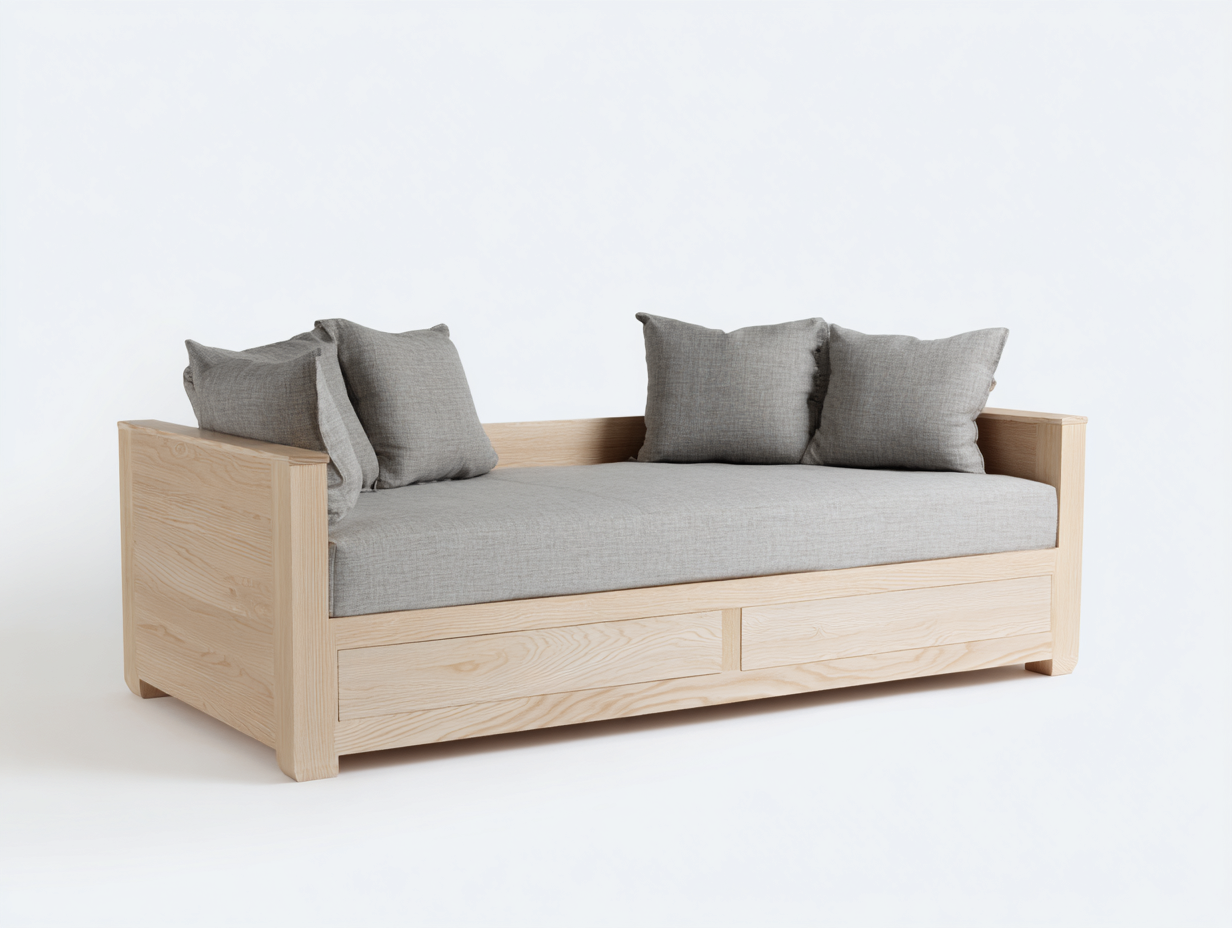 Sofá cama de madera con 2 cajones 200x90x85 cm - beige y gris - diseño funcional para dormitorio o salón-Havengobase
