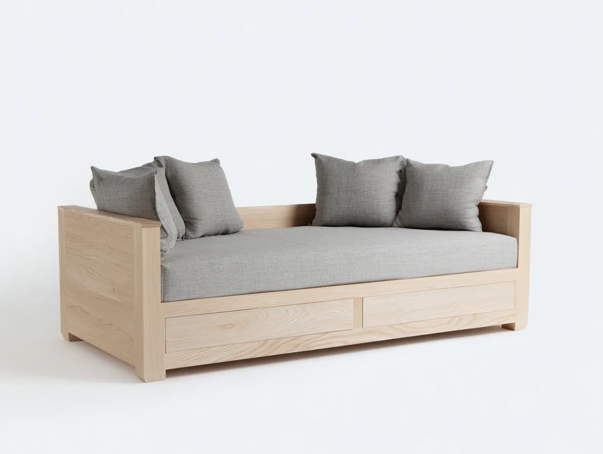 Sofá cama de madera con 2 cajones 200x90x85 cm - beige y gris - diseño funcional para dormitorio o salón-Havengobase