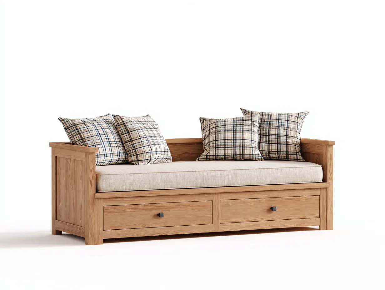 Sofá cama de madera con 2 cajones 200x90x85 cm - marrón y beige - diseño funcional para dormitorio o salón-Havengobase