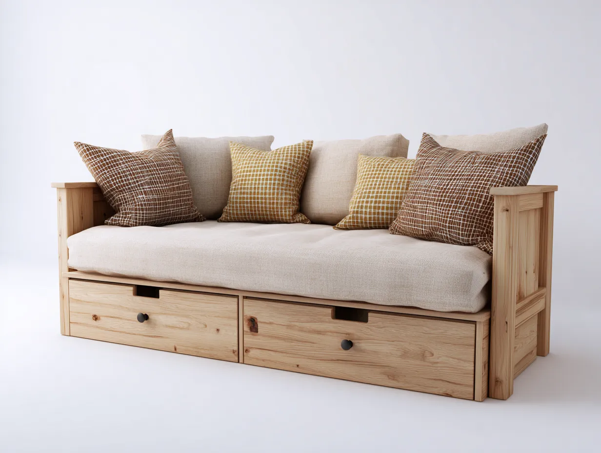 Sofá cama de madera maciza con cajones 200x90x85 cm - marrón-beige - diseño funcional para sala de estar y dormitorio-Havengobase