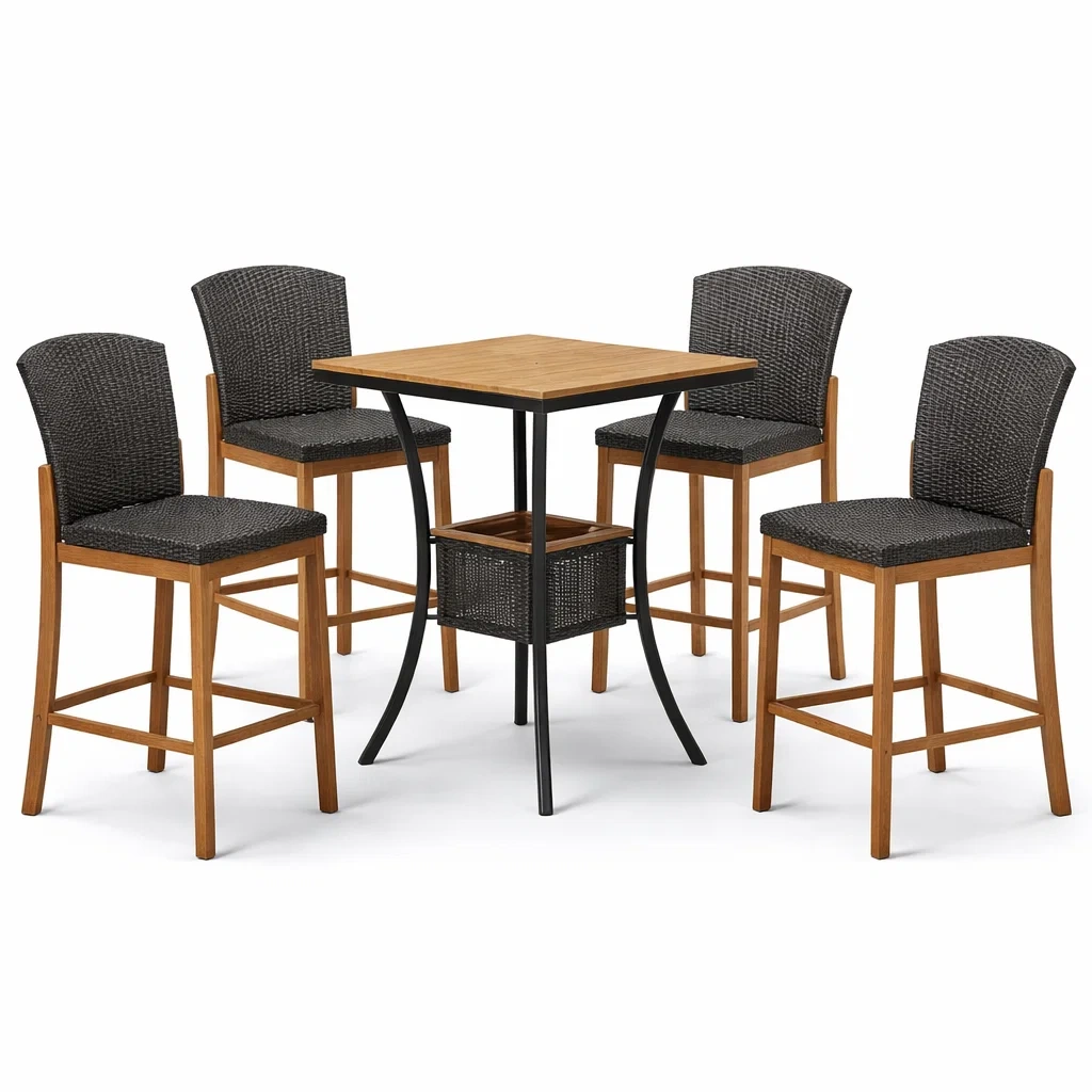 Ensemble de bar en bois et acier avec chaises en rotin synthétique-Furniga Lleryco