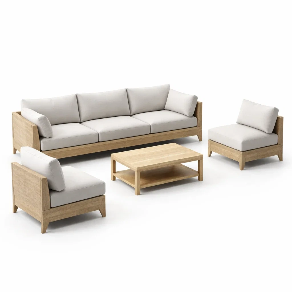 Ensemble de canapés en bois avec coussins en tissu beige-Furniga Lleryco