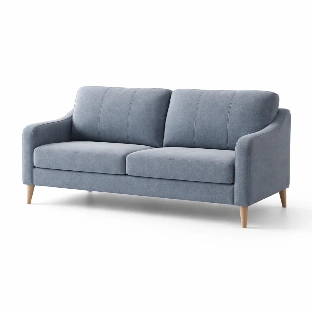 Canapé en tissu bleu avec pieds en bois-DECORLIVINGO