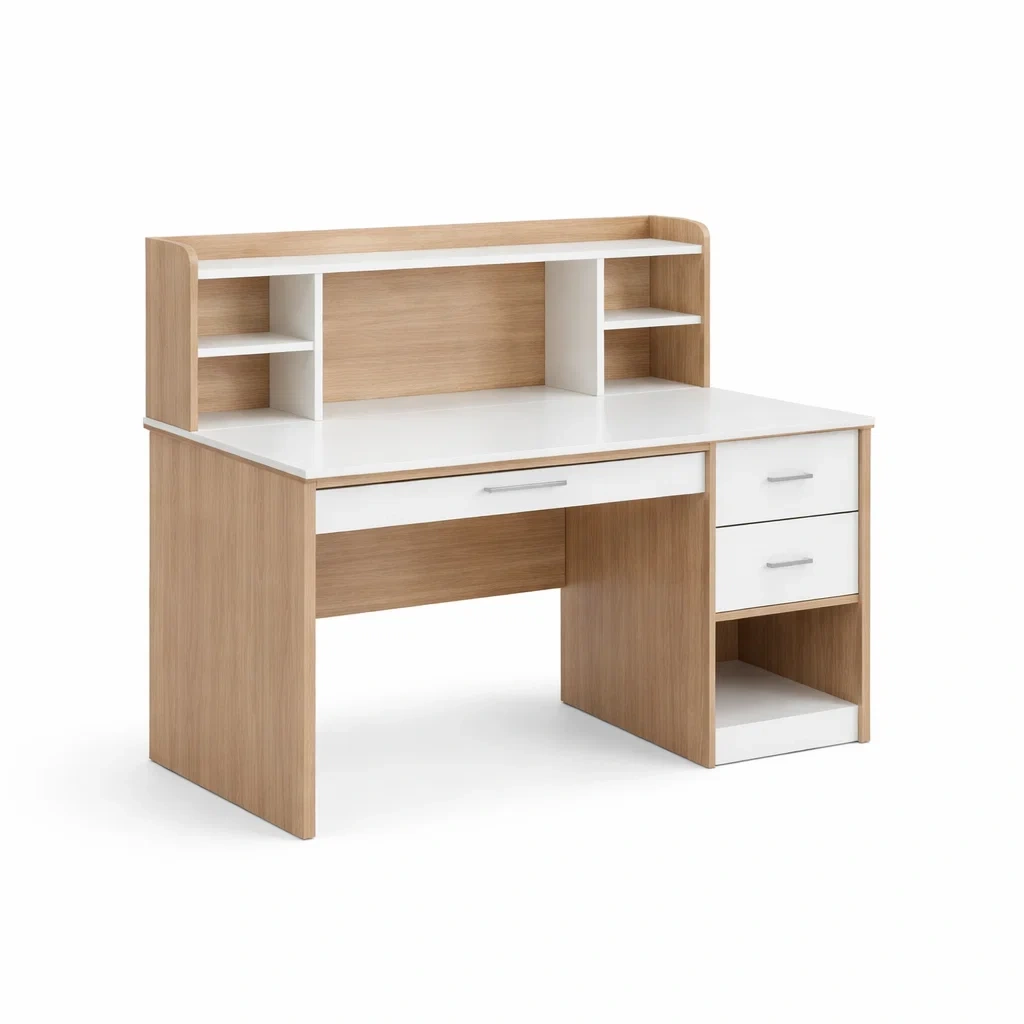 Bureau en bois avec étagères et tiroirs chêne et blanc-NESTPARADISE