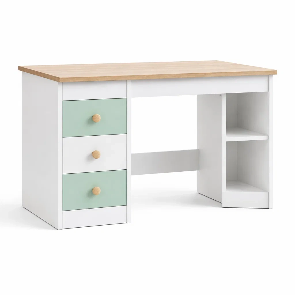 Bureau en bois avec tiroirs et étagères blanc et vert menthe-NESTPARADISE