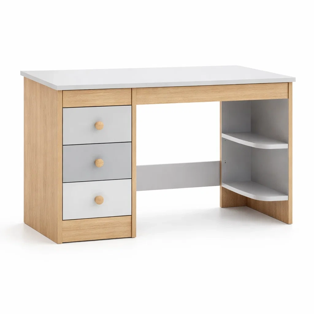Bureau en bois clair et gris avec tiroirs et étagères-NESTPARADISE