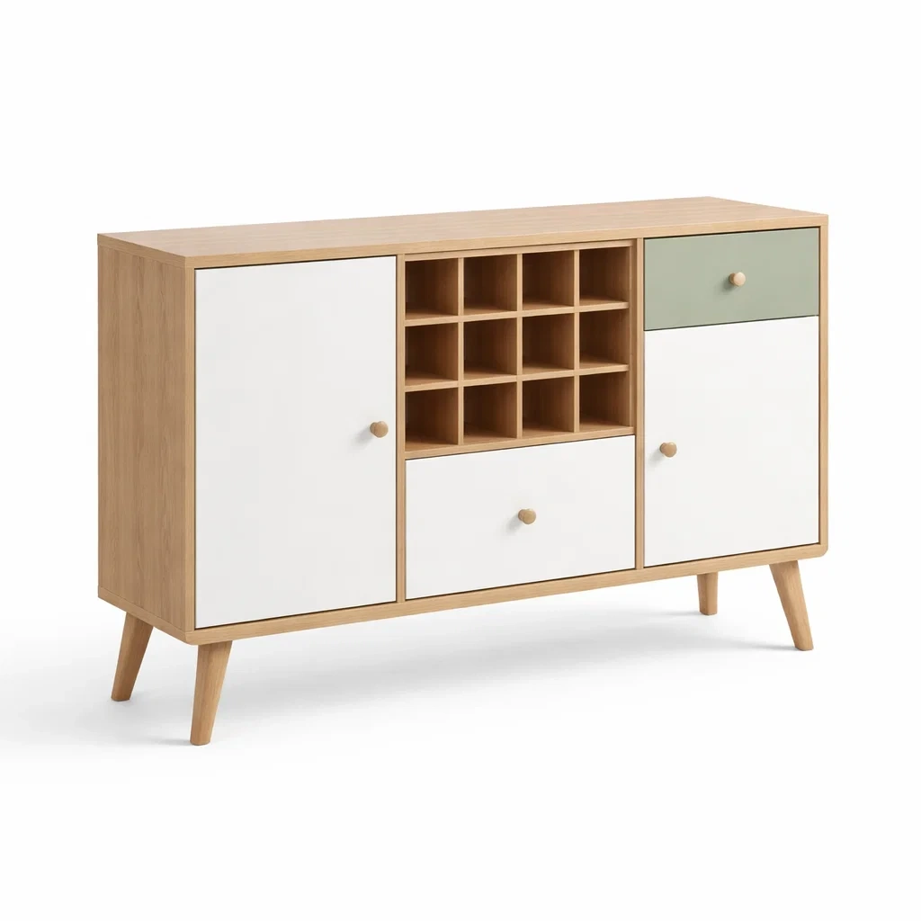 Buffet en bois d ingénierie avec portes blanches et tiroir vert-NESTPARADISE