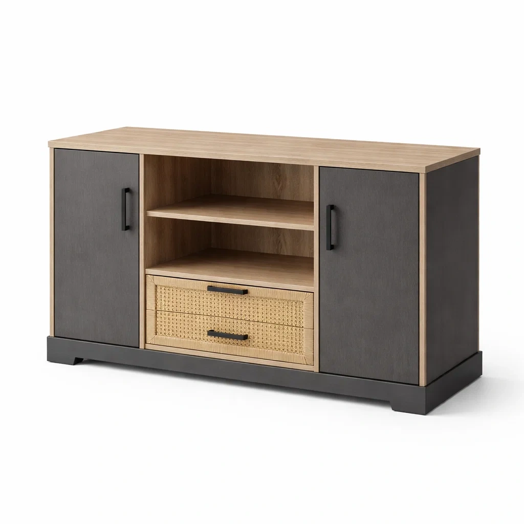 Buffet en mdf et rotin avec portes et tiroir en gris et chêne-NESTPARADISE