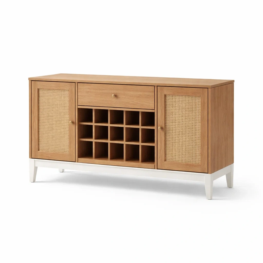 Buffet en bois et rotin avec rangement pour bouteilles-NESTPARADISE