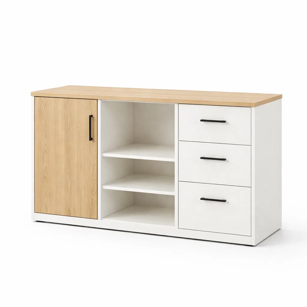 Buffet en mdf blanc et chêne avec tiroirs et porte-NESTPARADISE