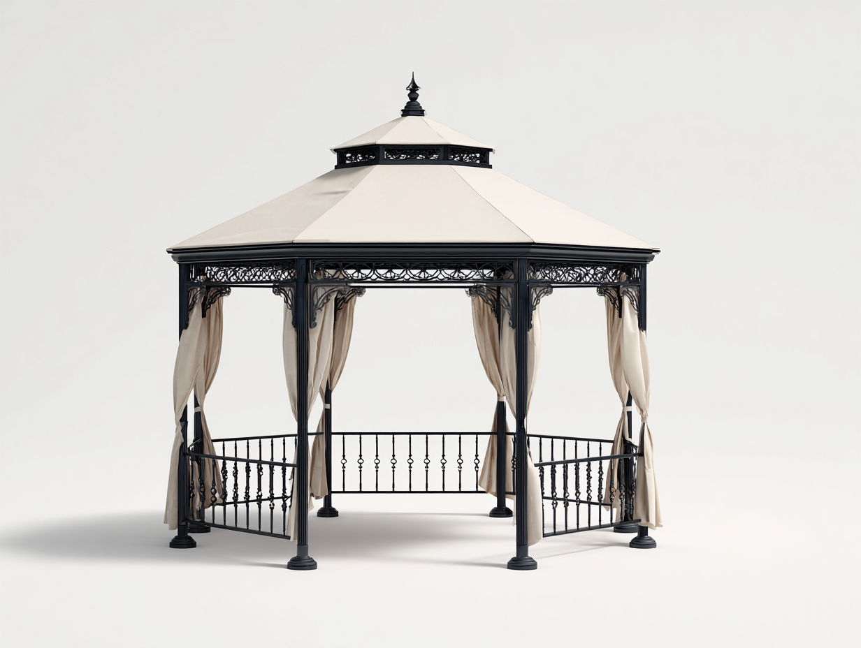 Pavillon - Metall-Textil - 342x342x305 cm - Creme-Schwarz - Klassischer Gartenstil-Roomgethut