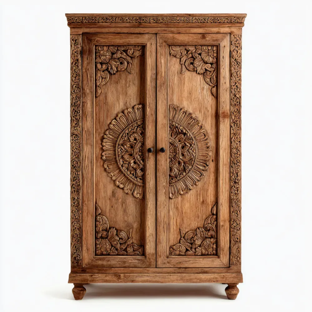 Kleiderschrank Massivholz Teak geschnitzt 180x100x50 cm – Braun