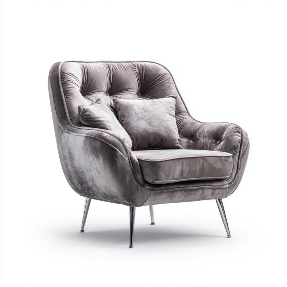 Sessel mit Samtbezug und Metallbeinen, Grau