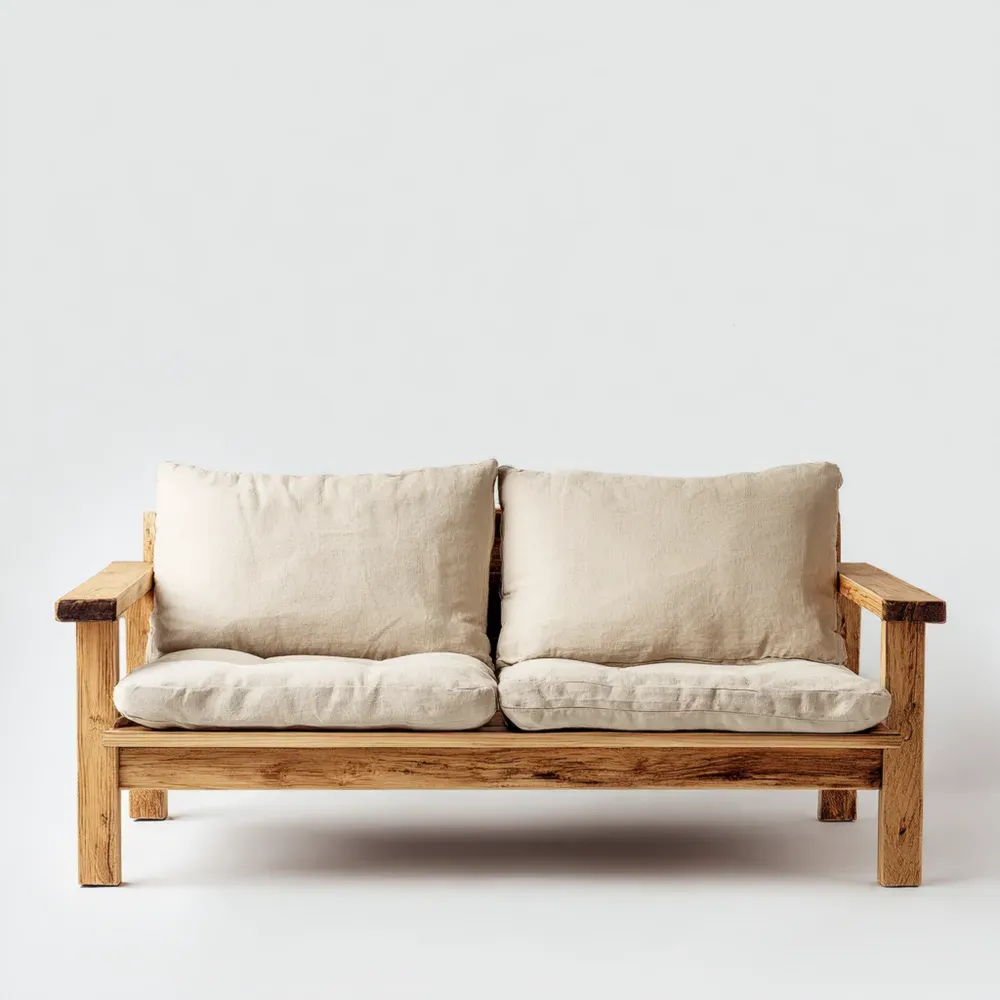 Zweisitzer-Sofa Eichenholz mit Leinenbezug – Beige