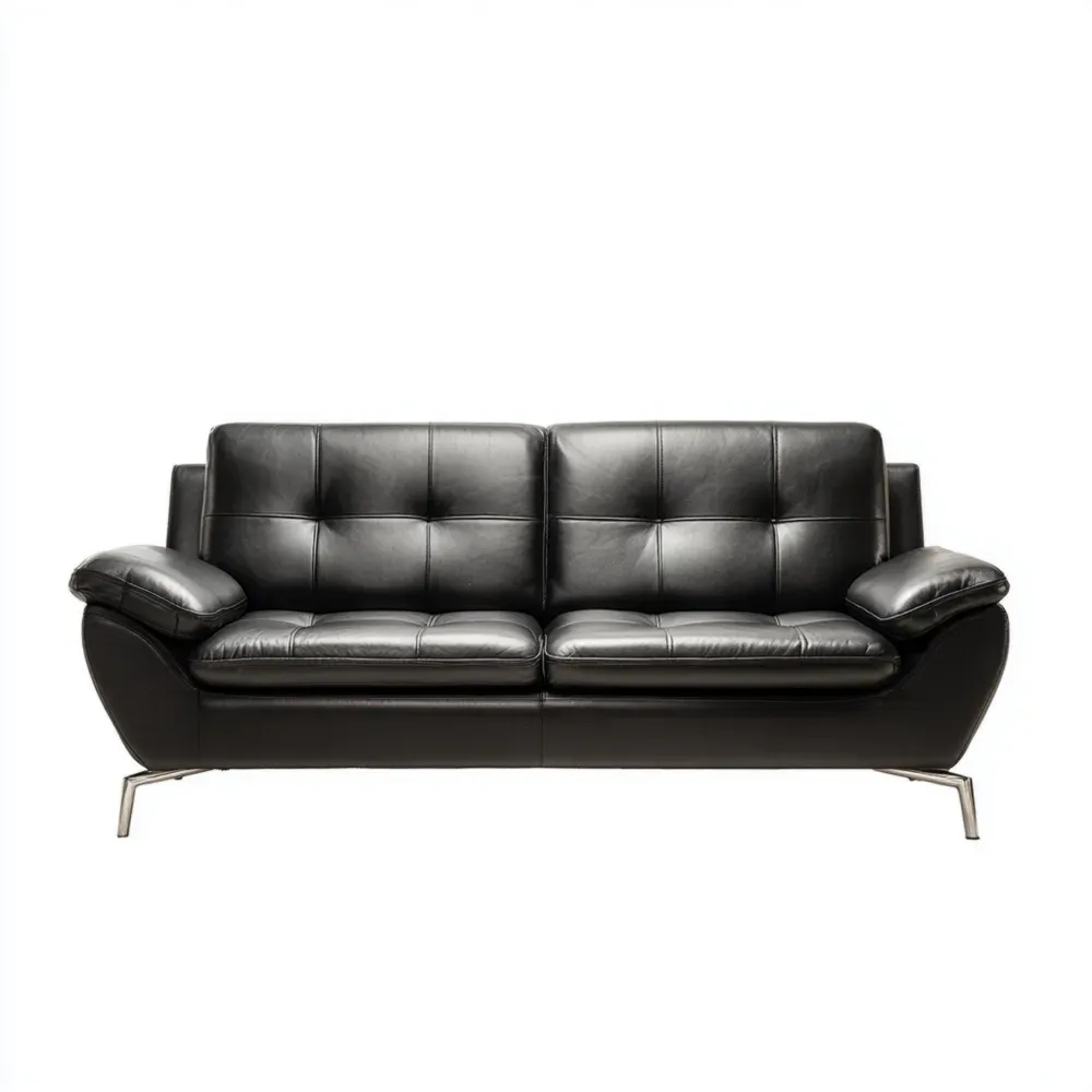 Schwarzes Ledersofa 3-Sitzer mit Metallfüßen
