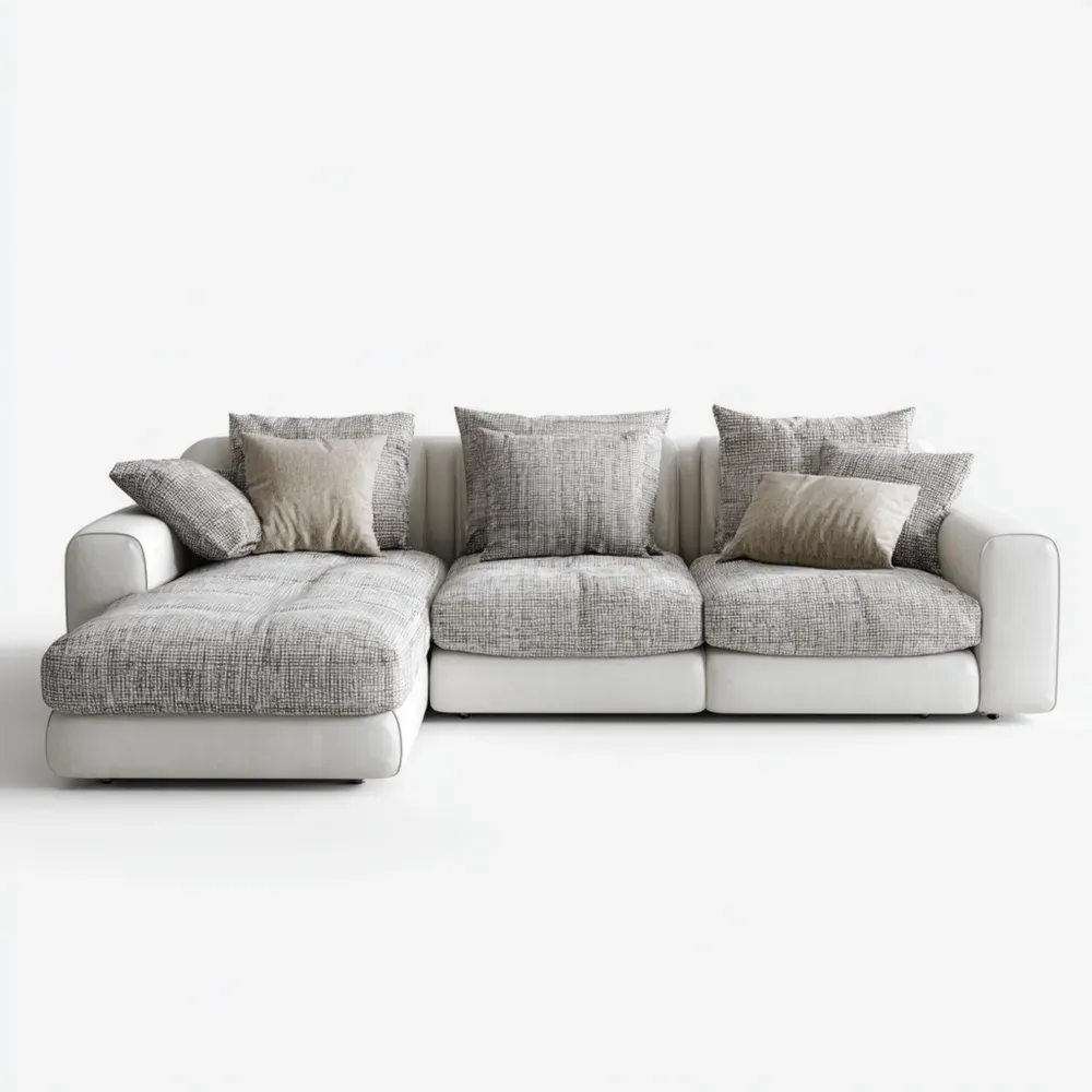 Ecksofa mit Stoffbezug und Lederdetails in Hellgrau und Weiß