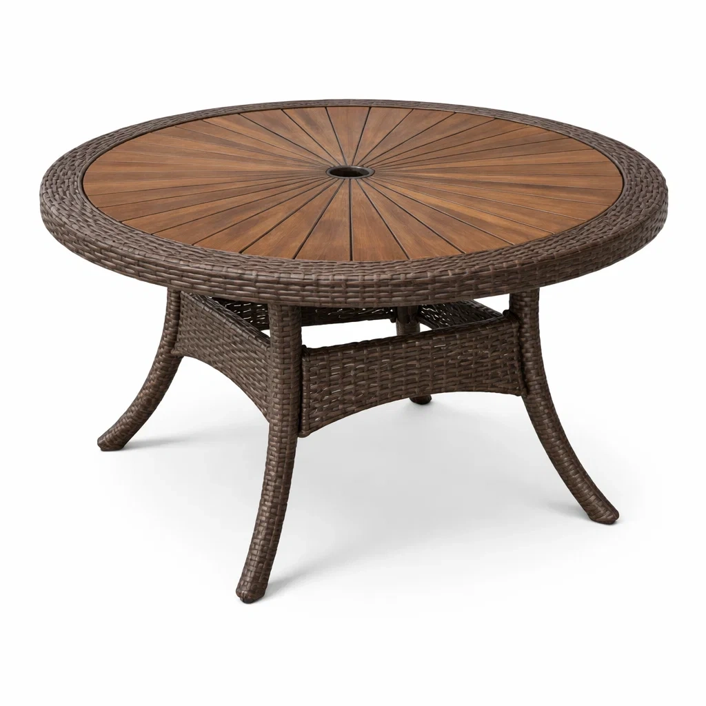 Table de jardin ronde en bois et résine tressée brun-furniaesthetic