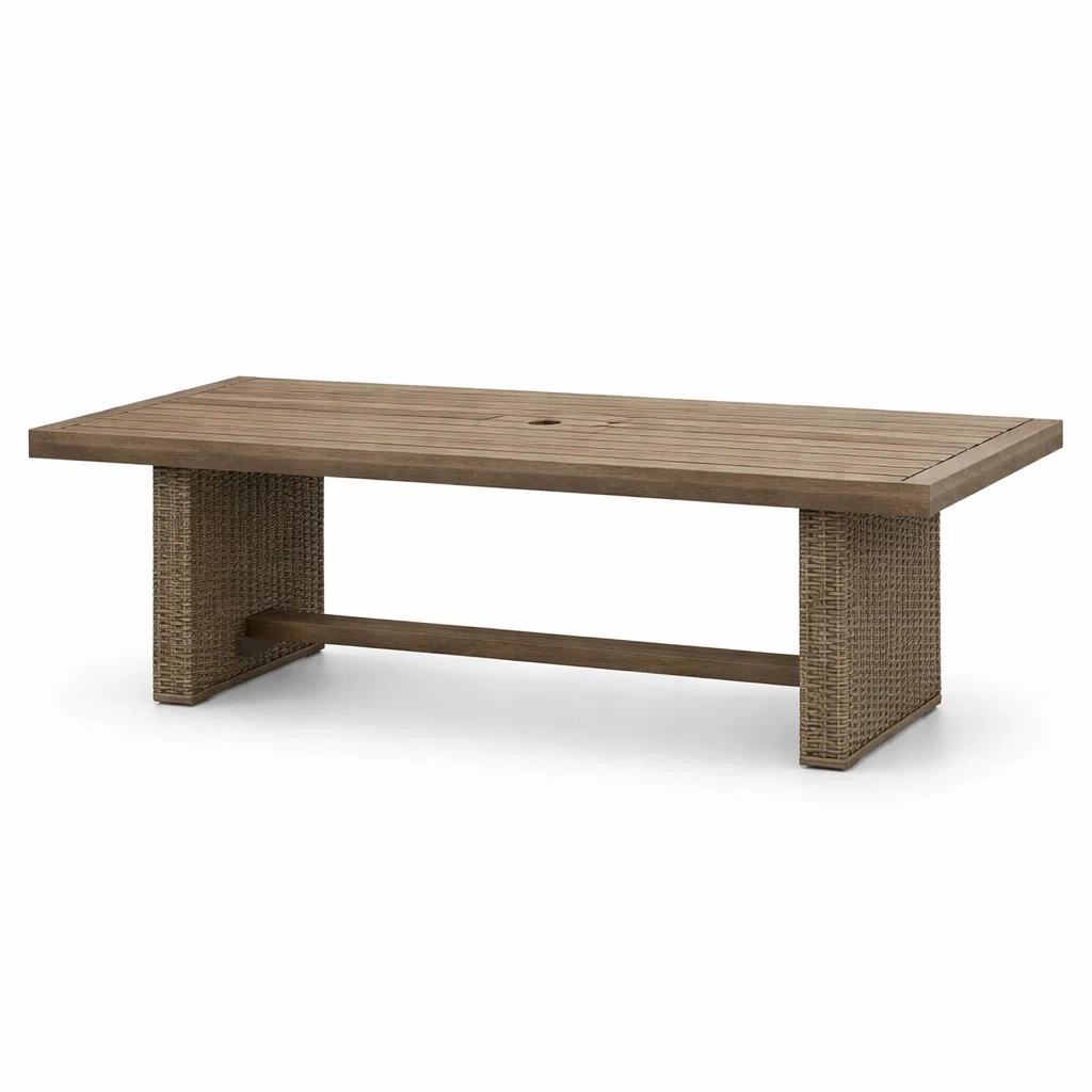 Table de jardin rectangulaire en bois et résine tressée 220x100x75 cm-furniaesthetic