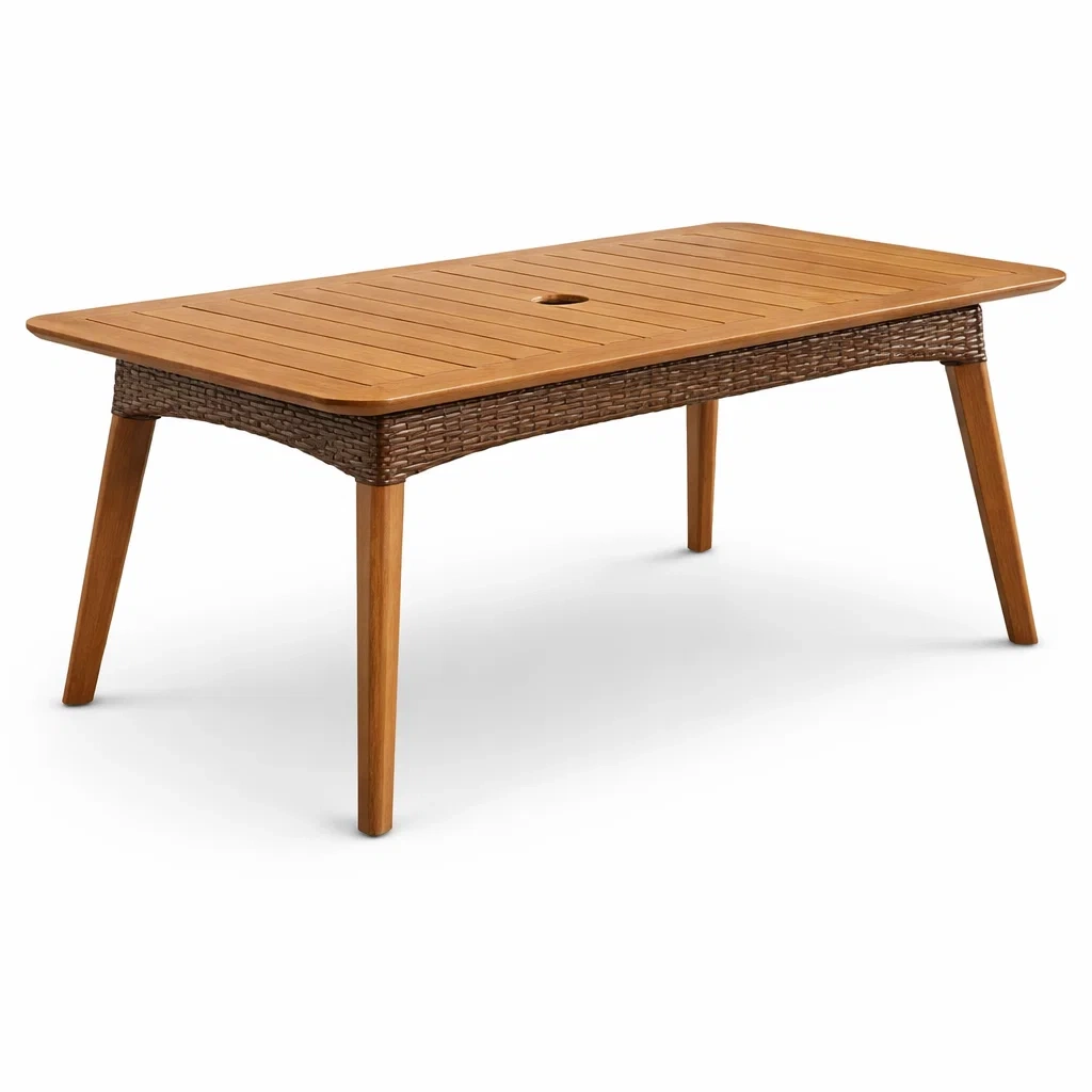 Table rectangulaire en bois d'acacia et tressage synthétique-furniaesthetic