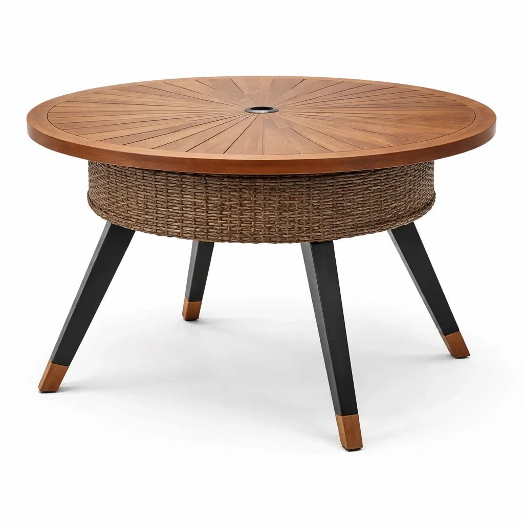 Table ronde en bois d'acacia et résine tressée avec pieds en métal-furniaesthetic