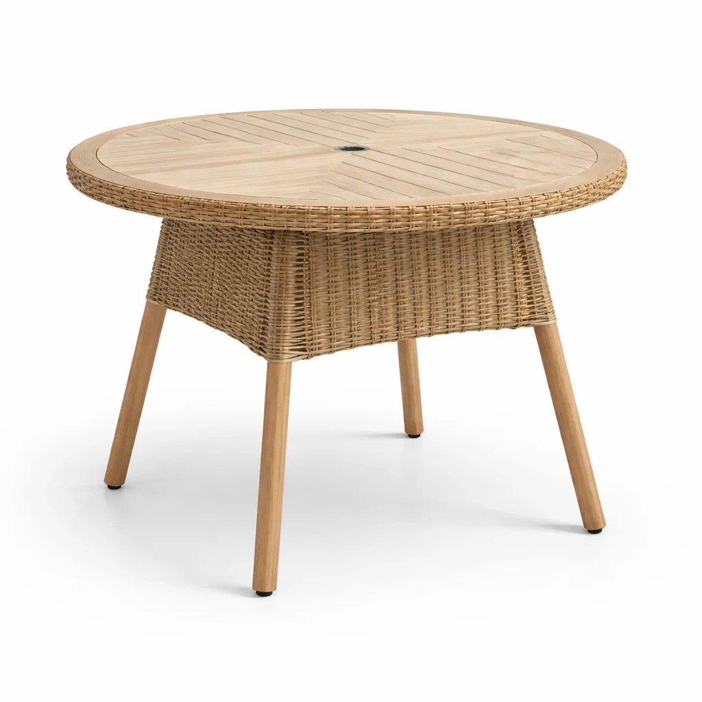 Table ronde en bois et rotin tissé-furniaesthetic