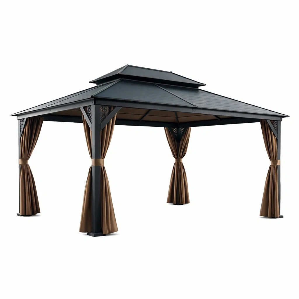 Tonnelle de jardin en aluminium noir avec rideaux en polyester-furniaesthetic